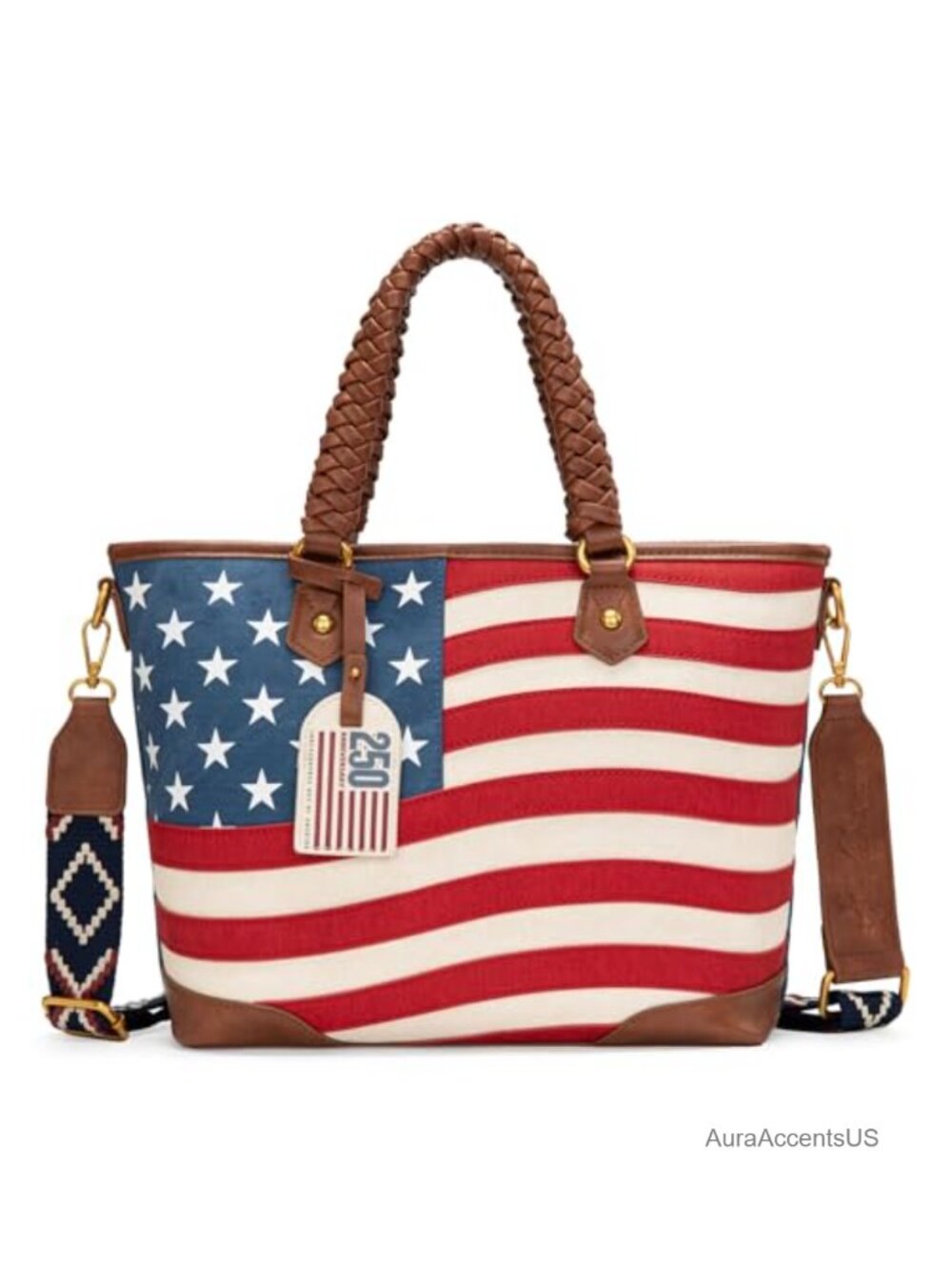 Vintage Patriotic Western Tote Bag with Braided Faux-Leather Handles